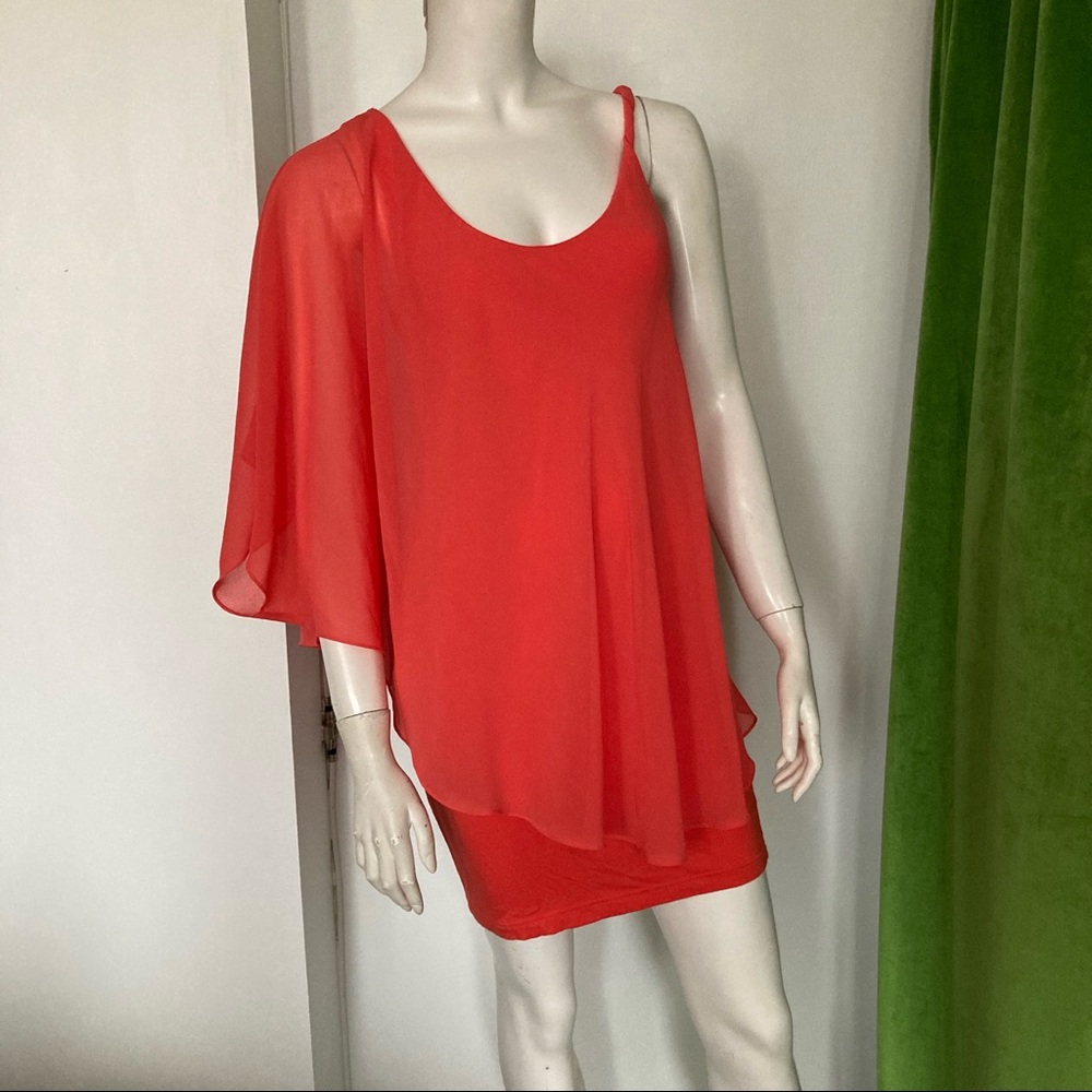 Bebe Coral Orange Short Dress One shoulder Cape Style size small